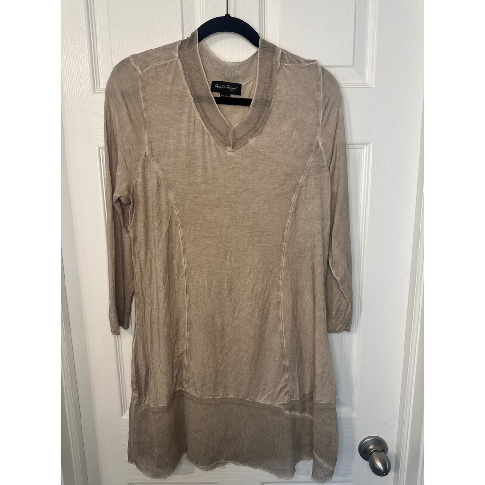 Charlie Paige Women Tan Mineral Wash V-Neck Tunic Sheer Pleated Hem Top Small